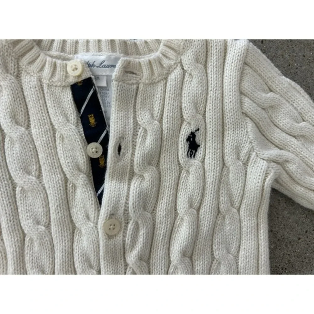 POLO Ralph Lauren Girls Infant Ivory Button Down Cable Knit Cardigan Size 3 Mo‎